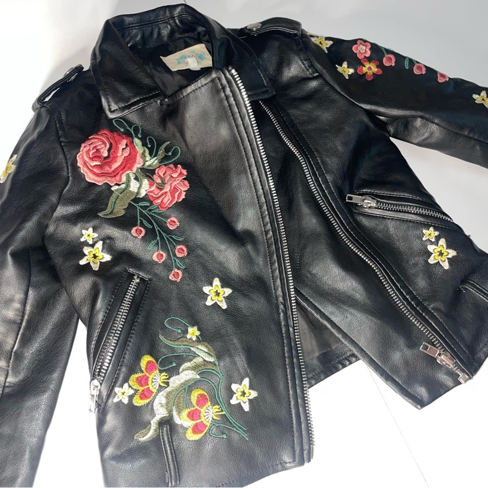 Embroidered Floral Black Leather Jacket
